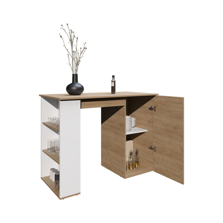 Allen 47" Wide Kitchen Island One Cabinet And Five Shelves, Bar Table, Dinning Table. Pub Table White Natural Oak