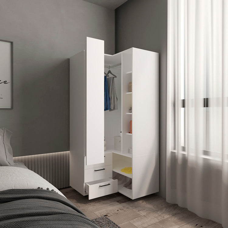 Toulouse Corner Armoire With Double Doors And Interior Shelves, Space Saving Wardrobe, White