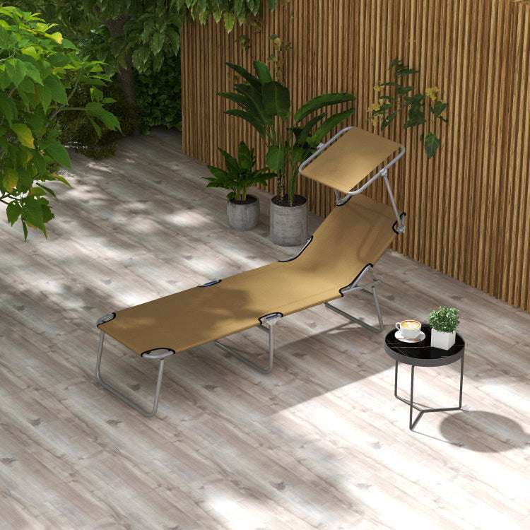 Outsunny Outdoor Lounge Chair, Adjustable Folding Chaise Lounge, Tanning Chair With Sun Shade For Beach, Camping, Hiking, Backyard, Tan