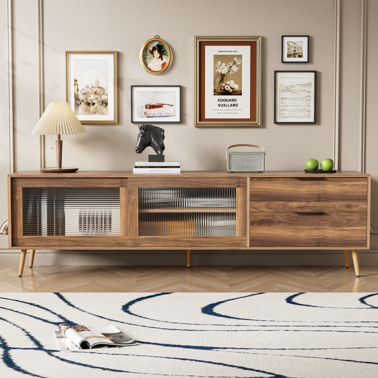 Modern Tv Stand For 75" Tv, Tv Console With 2 Glass Doors, Entertainment Center With 2 Drawers & Storage Cabinet, 70" Media Console Table For Living Room, Bedroom