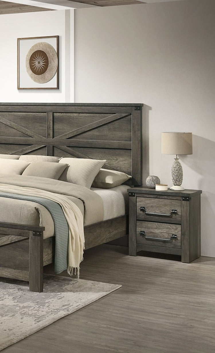 Rustic Gray 1Pc Bedside Table Melamine Paper Wooden Nightstand Antique Brass Color Drop Handles