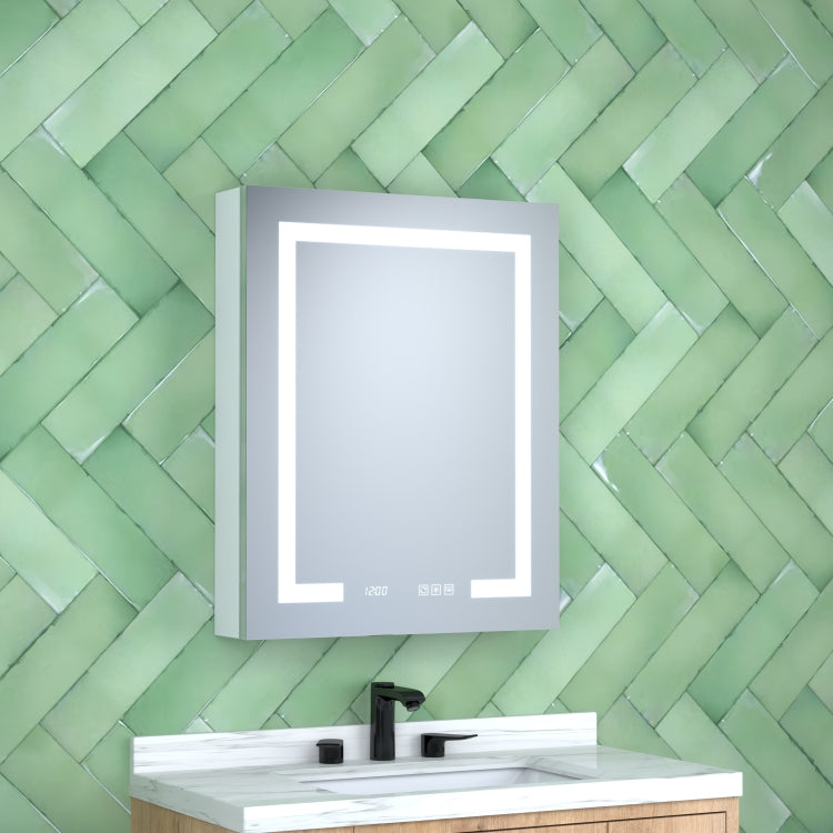 24 In. W X 30 In. H Rectangular Silver Aluminum Recessed Surface Mount Left Medicine Cabinet With Mirror Led And Clock