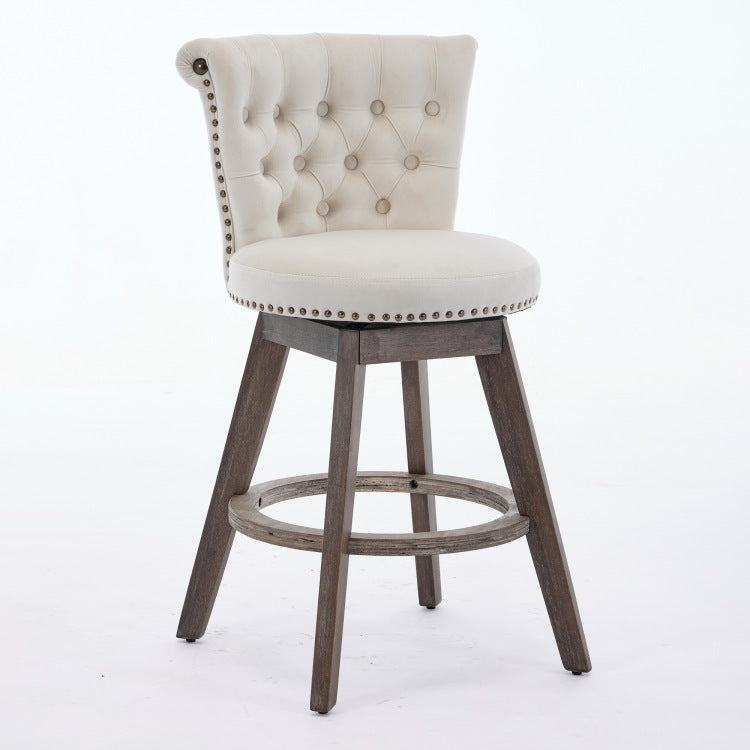26" Counter Height Bar Stools Set Of 2, 360 Swivel Stools With Back & Hand Tufted Button Trimmed Edges, Upholstered Velvet Kitchen Counter Stools On Wood Legs,Beige,Sw1868Bg
