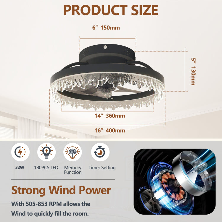 Smart Silent Elegant Black With Light 16 Inch Flush Mount Led Chandelier With 5 Invisible Blades, Remote Control & Timer, Dimmable Lighting For Bedroom, Living Room, Dining Room