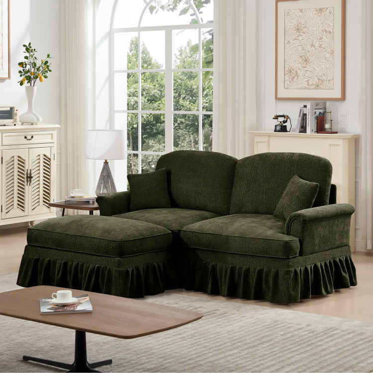 Elegant Mid Century Large Two Seater Modular L Shaped Sofa Couch With Flared Arms And Removable Ruffles Pleats Skirts And Spindle Legs, Comfy Chenille Loveseat Sofa With Movable Ottoman,Green