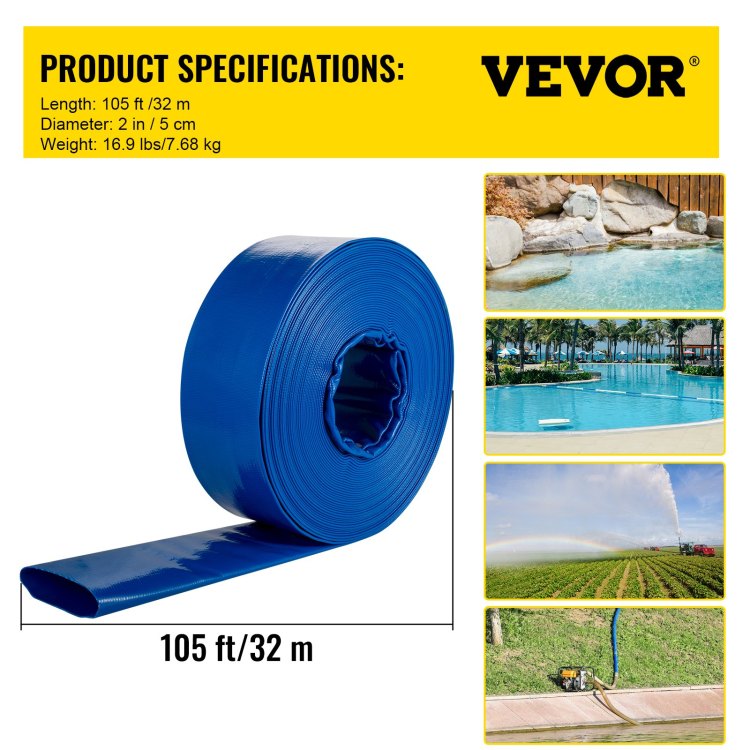 Discharge Hose, 2" X 105', Pvc Fabric Lay Flat Hose, Heavy Duty Backwash Drain Hose With Clamps, Weather Proof & Burst Proof, Ideal For Swimming Pool & Water Transfer, Blue