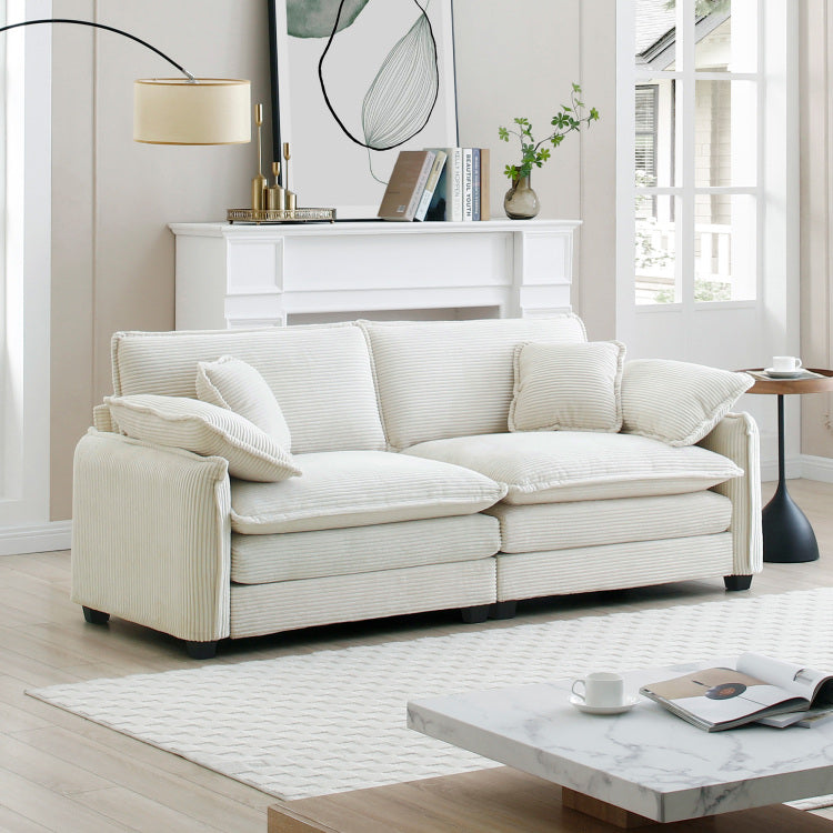 Warm And Cozy Living Room Sofa With 4 Pillows Upholstered Large Deep Seat 2 Seater Sofa For Living Room, Beige Corduroy