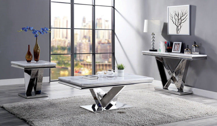 1Pc End Table Modern Glam Style 18Mm Faux Marble On Top Rectangular V Shape Pedestal Base Stainless Steel Metal Structure Chroma Finish Coffee Table Not Included