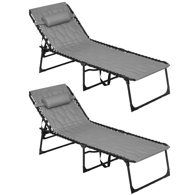 Outsunny Folding Chaise Lounge Set With 5 Level Reclining Back, Outdoor Lounge Tanning Chair With Padded Seat, Side Pocket & Headrest For Beach, Yard, Patio, Gray