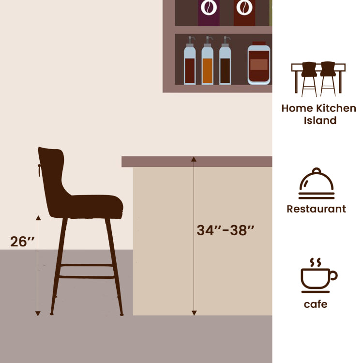 Bar Stools Set Of 2, Velvet Counter Height Bar Stools With Metal Legs, Button Tufted And Nailheads Trim, Wing Back Bar Chairs For Kitchen Island Dining Room Pub, Beige