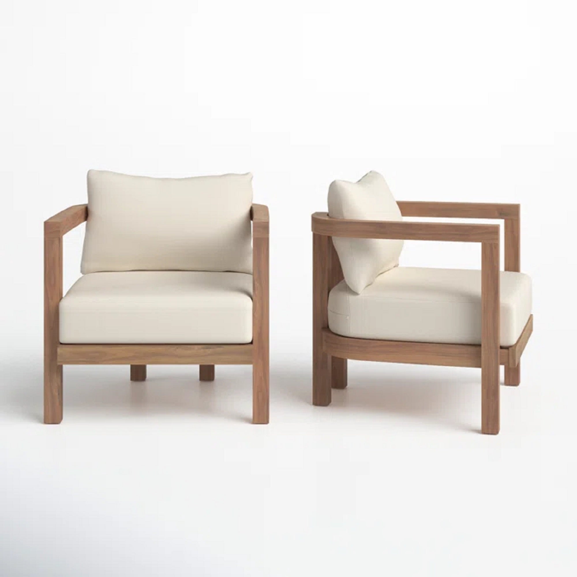 Set Of 2 Outdoor Acacia Wood Patio Club Chair, Patio Furniture,Waterproof Thick Cushion Deep Seating For Porch, Garden, Backyard, Balcony, Weight Capacity 400Lbs, Brown Wash, Beige Cushion