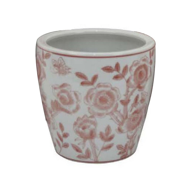 Kerry Accent Planter Pot Set Of 4, Pink Floral Pattern, White Ceramic