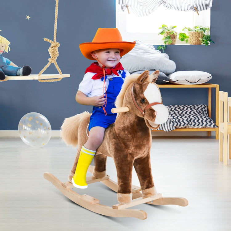 Qaba Kids Rocking Horse, Plush Toddler Rocker, Wooden Base Ride On Toy With Handle Grip, Traditional Toy For Kids 36M , Brown