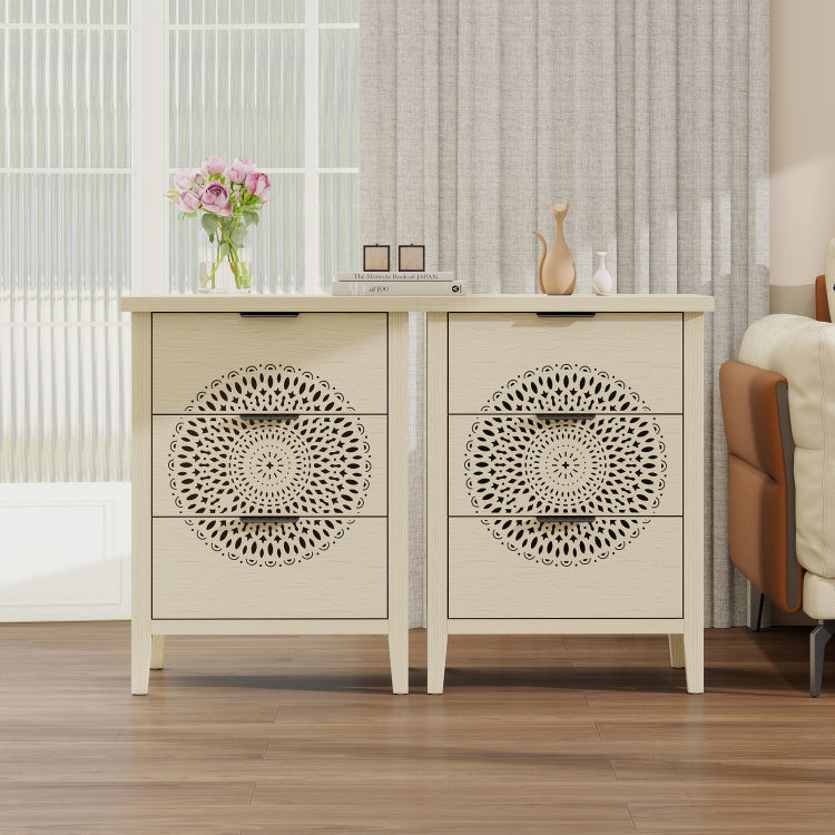 Hollow Carved 3 Drawer Cabinet Dresser Storage Chest With Metal Handles For Living Room Bedroom
