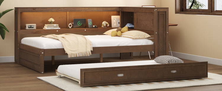 Full Size Wood Daybed With Storage Shelves, Usb, Led, And Trundle, Antique Wood Color