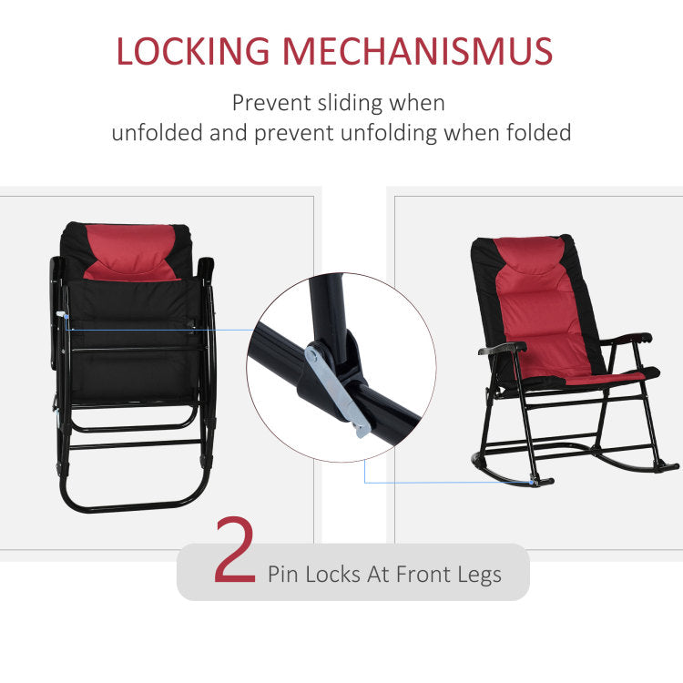 Outsunny 2 Piece Outdoor Patio Furniture Set With 2 Folding Padded Rocking Chairs, Bistro Style For Porch, Camping, Balcony, Red