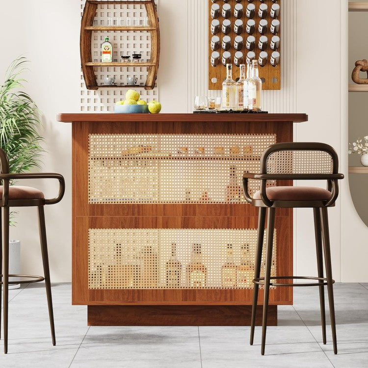 47.24 Inches Farmhouse Caramel Brown Rattan Home Bar Unit, 4 Tier Liquor Cabinet With Stemware Racks For Living Room
