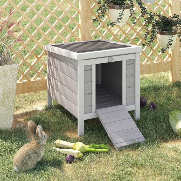 Pawhut Small Wooden Rabbit Hutch, Bunny Guinea Pig Cage, With Openable & Waterproof Roof, Gray