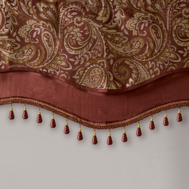 Jacquard Window Rod Pocket Valance With Beads Burgundy 50X18"