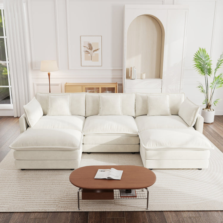 U Shaped Sectional Sofa W Reversible Footrest, 5 Seater Convertible Corner Couch With 2 Ottomans ,Modern Minimalist Soft Sofa & Couch For Living Room , White