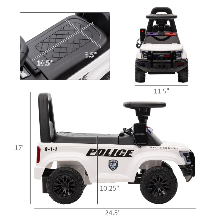 Aosom Kids Push Ride On Car With Working Pa System And Horn, Police Truck Style Foot To Floor Sliding Car For Boys And Girls With Under Seat Storage, For 18 Months To 5 Years Old, White