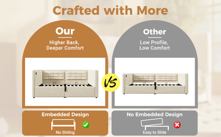 Upholstered Twin Size Daybed, Hydraulic Storage Twin Bed Frame With Usb & Type C Charging, Bed Frame With Wooden Slats And Tufted Sofa Back, Beige, Velvet Without Mattress