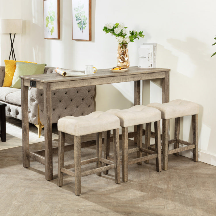 4 Piece Bar Table Set With Power Outlet, Dining Bar Table And Chairs Set,Bar Table Set With 3 Padded Stools For Living Room, Dining Room, Game Room, Brown