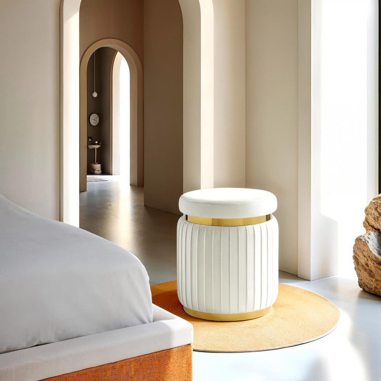 Contemporary Style 1Pc Round Accent Stool Stainless Steel Gold Trim Velvet Fabric White Finish Primary Living Room