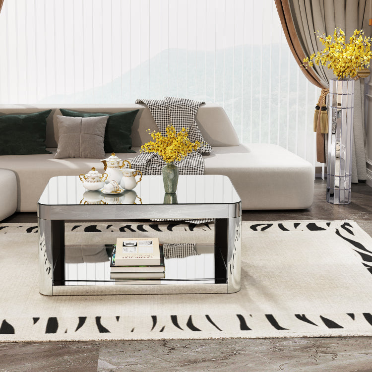 Baked Curved Mirror Coffee Table For Living Room, Modern Glass Coffee Table With Glass Top, Rectangular Center Table Premium Furniture