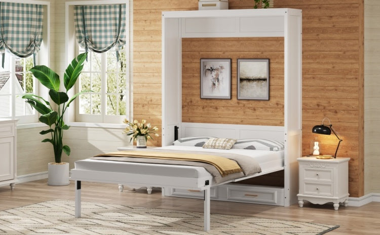 Full Size Murphy Bed With 2 Drawers, Beige