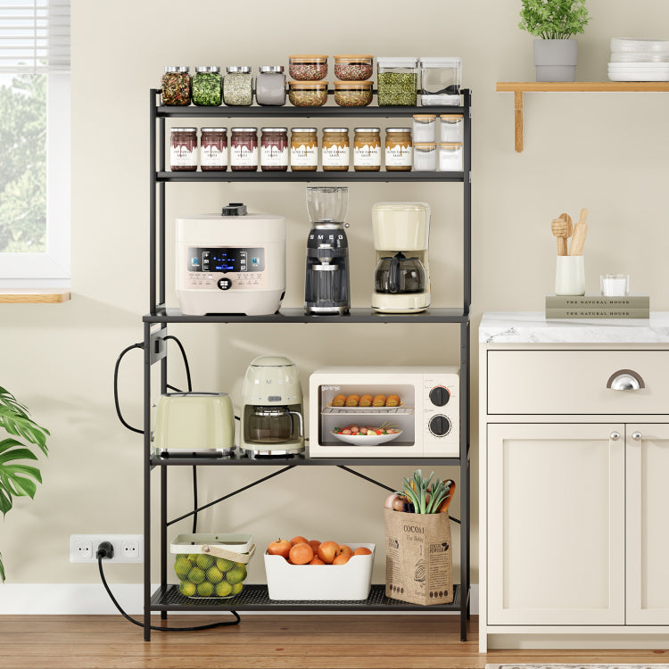 Large 5 Tier Bakers Rack With Electrical Outlets, 39 Inch Microwave Stand & Coffee Bar, Kitchen Storage Shelf For Home, Counter Space Organizer
