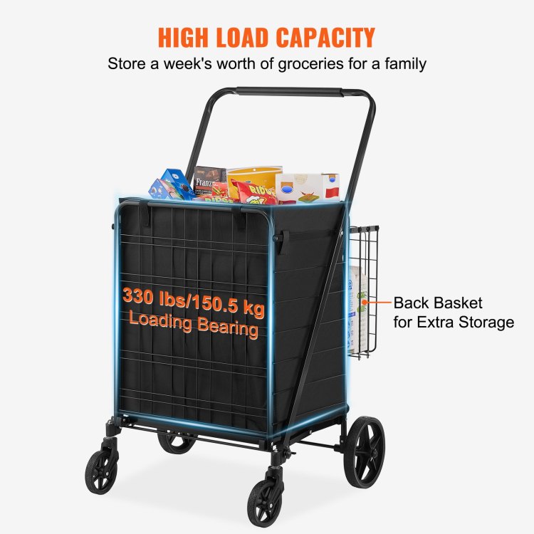 Folding Shopping Cart With Removable Waterproof Liner, 330Lbs Large Capacity Jumbo Grocery Cart With Dual Basket, 360 Swivel Wheels, Dense Metal Mesh Base, Heavy Duty Utility Cart For Shopping