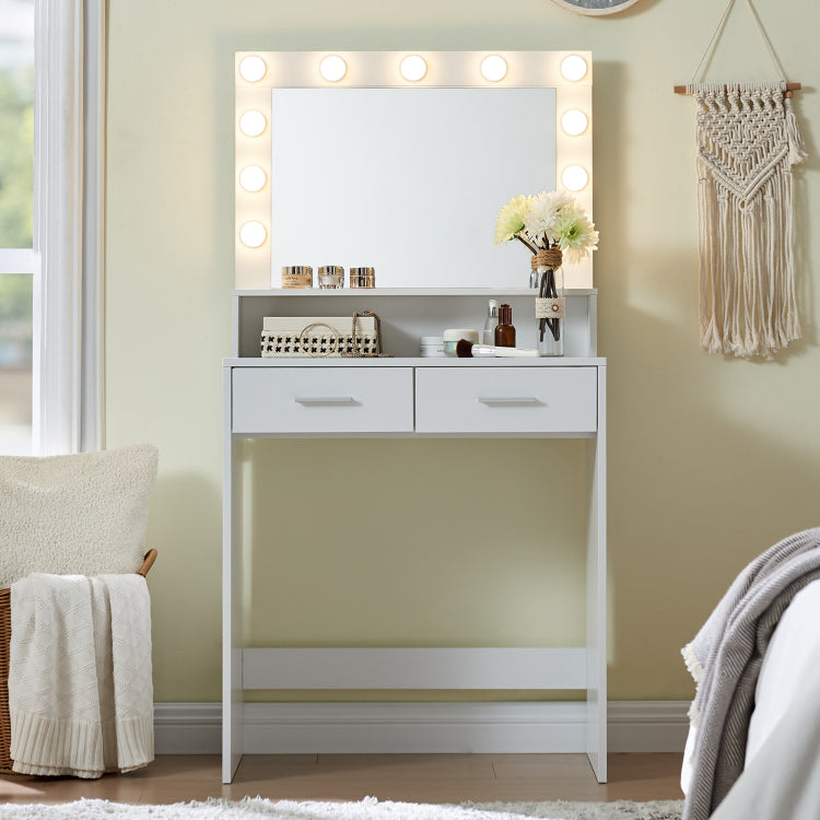 Vanity Desk With Mirror And Lights, Dressing Table With Large Drawer, 2 Level Storage Dresser & 3 Lighting Modes Adjustable Brightness, Suitable For Bedroom White