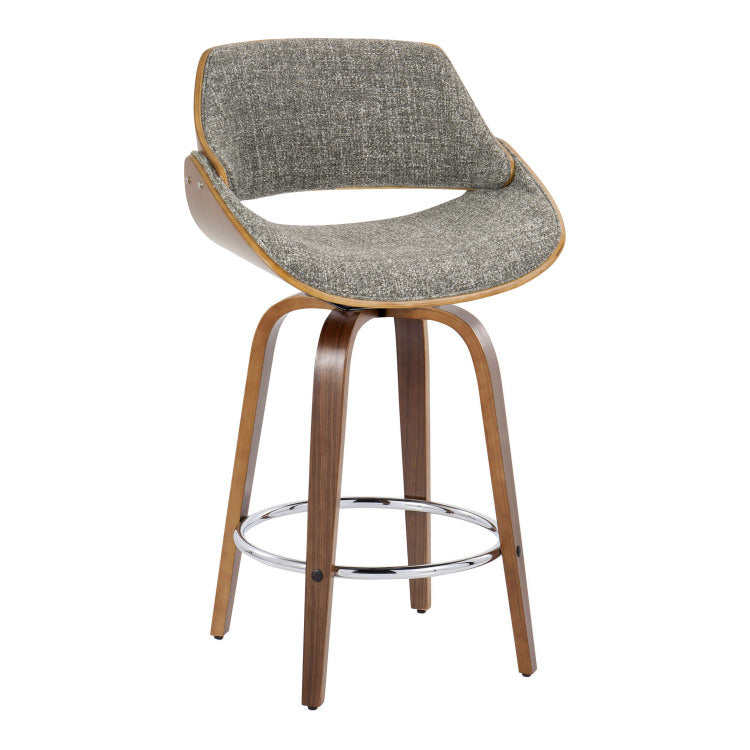 26" Mid Century Modern Fixed Height Counter Stool With Swivel In Walnut Wood And Noise Grey Fabric With Round Chrome Metal Footrest Set Of 2