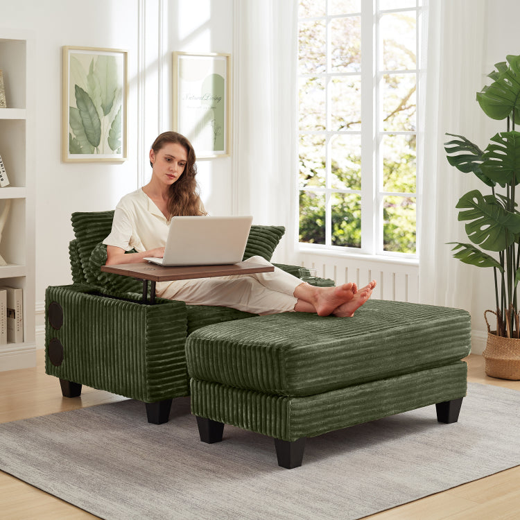 Fluffy Corduroy Storage Armrest Sofa,Single Versatile Seat With Ottoman,Cup Holder,Bluetooth Speaker,Usb Ports,180 Rotating Table Board,For Living Room,Bedroom And Apartment