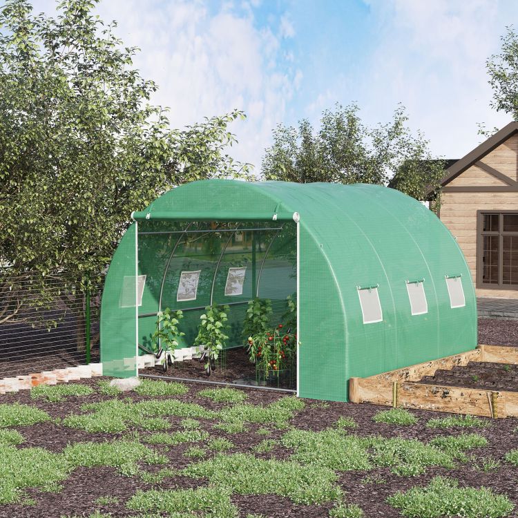 Outsunny 10' X 10' X 6.5' Walk In Tunnel Hoop Greenhouse, Polyethylene Pe Cover, Steel Frame, Roll Up Zipper Door & Windows For Flowers, Vegetables, Tropical Plants, Green