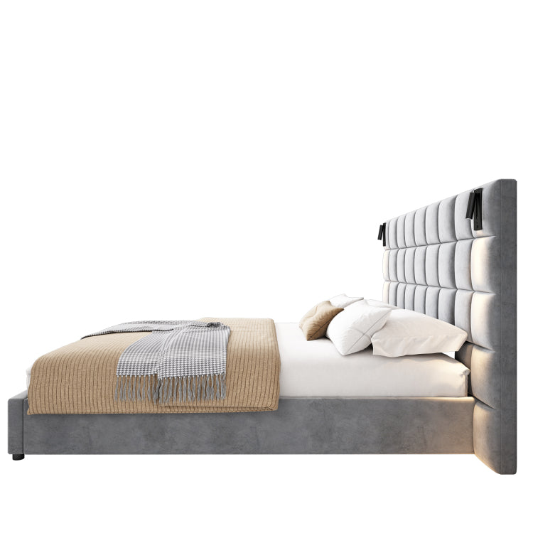 California King Size Upholstered Bed Frame,With Wall Sconce And Usb Port, Wide Headboard, Velvet, Gray