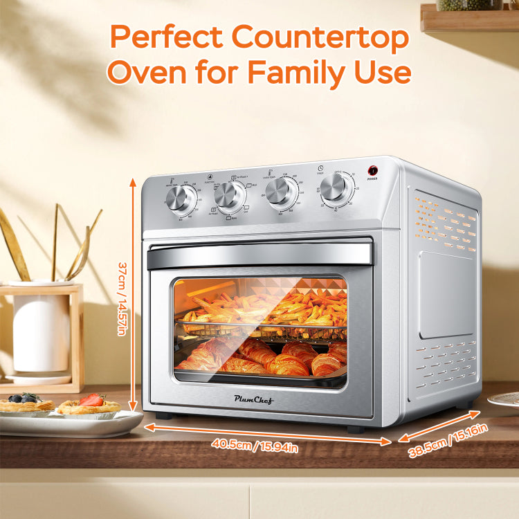 Plum Chef Air Fryer Oven 27.5Qt, 6 In 1 Countertop Oven, Air Fry, Bake, Broil, Toast, Warm, Dehydrate, 4 Knob Control, 1600W, Family Size, Silver