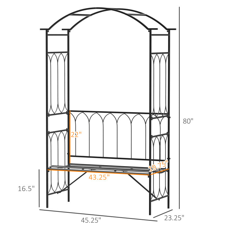 Outsunny Metal Trellis Arbor Arch For Climbing Plants With Garden Bench, Grow Grapes & Vines, Patio Decor & 2 Person Outdoor Steel Decorative Seating, 484 Lbs. Weight Capacity, Black