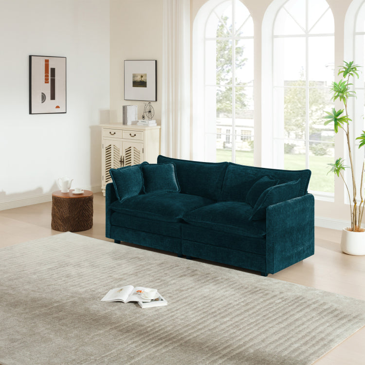 Modern Fabric Loveseat Sofa Couch For Living Room, Upholstered Large Size Deep Seat 2 Seat Sofa With 4 Pillows ,Blue Chenille