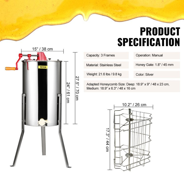 Manual Honey Extractor, 3 Frames Honey Spinner Extractor, Stainless Steel Beekeeping Extraction, Honeycomb Drum Spinner With Lid, Apiary Centrifuge Equipment With Height Adjustable Stand
