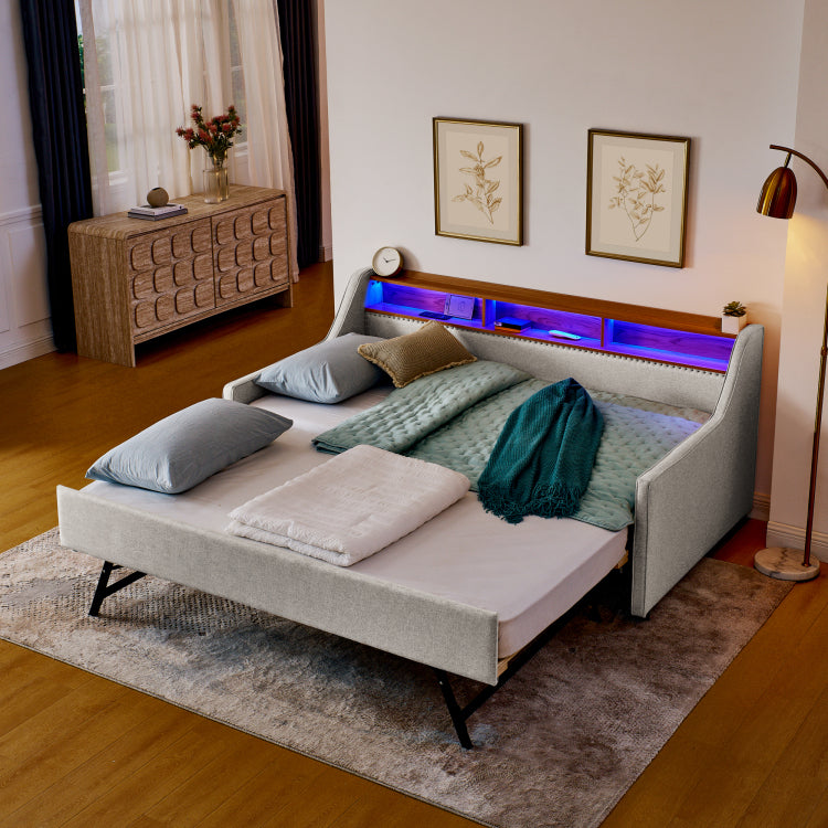 Twin Size Upholstery Sofa Bed With Three Led Lights, With Storage Adjustable Headboard, With Foldable Leg Pull Up Trundle Bed And Wireless Charging, Linen Padded Sofa Bed Frame, Beige