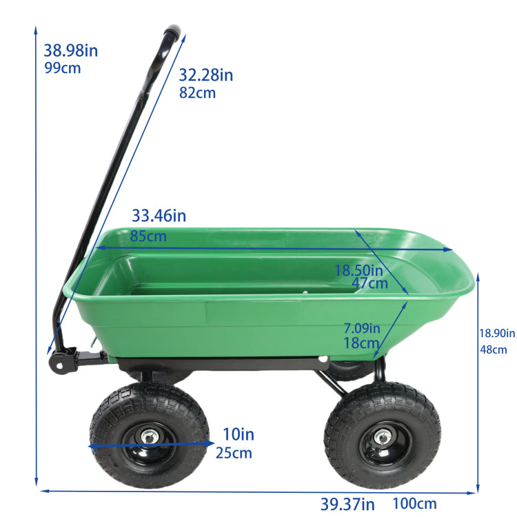 Folding Car Poly Garden Dump Truck With Steel Frame, 10 Inches. Pneumatic Tire, 300 Lb Capacity Body 55L Green