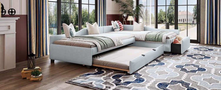 Upholstered Double Twin Size Daybed With Trundle And Drawer, Beige