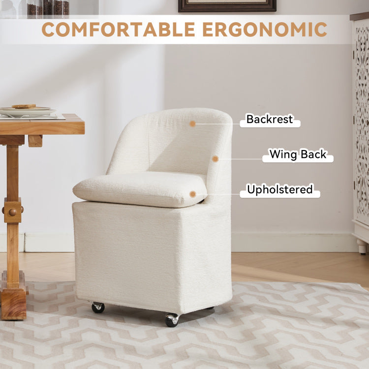 058 Set Of 2 Chenille Fabric Dining Chairs With Universal Wheels,Beige