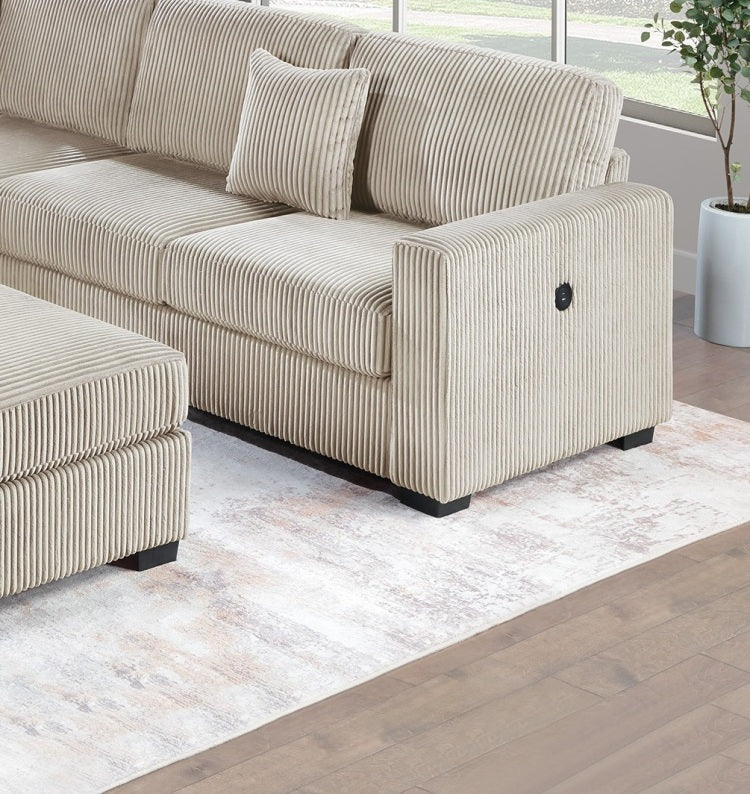 Living Room Corduroy Upholstered Camel 4Pc Sectional Set Raf Laf One Arm Loveseat W Usb, Corner Wedge, Cocktail Ottoman Cushion Couch