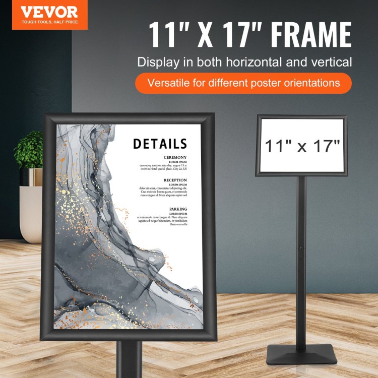 Pedestal Sign Holder, 11 X 17 Inch Vertical And Horizontal Adjustable Poster Stand, Heavy Duty Floor Standing Sign Holder With Metal Base For Display, Advertisement, And Outdoor, Black