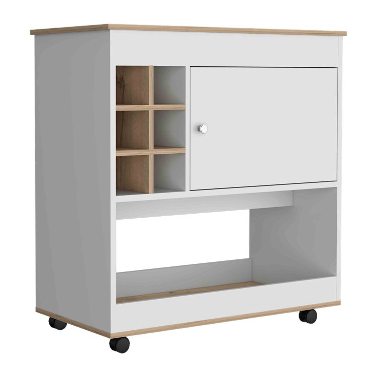 Lotus Bar Cart, Six Bottle Cubbies, One Cabinet, Four Casters, Light Oak White