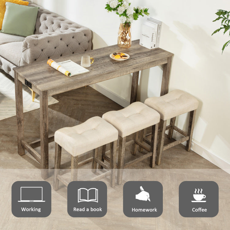 4 Piece Bar Table Set With Power Outlet, Dining Bar Table And Chairs Set,Bar Table Set With 3 Padded Stools For Living Room, Dining Room, Game Room, Brown