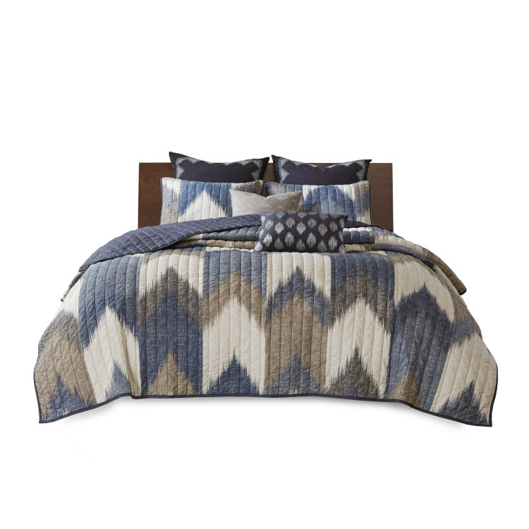 3 Piece Printed Cotton Quilt Set Navy Full Queen